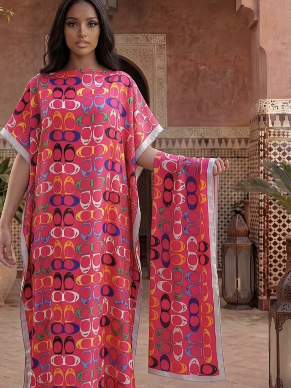 Woman Elegant Geometric Print Robe Set Fitted Long Dress With Matching Scarf